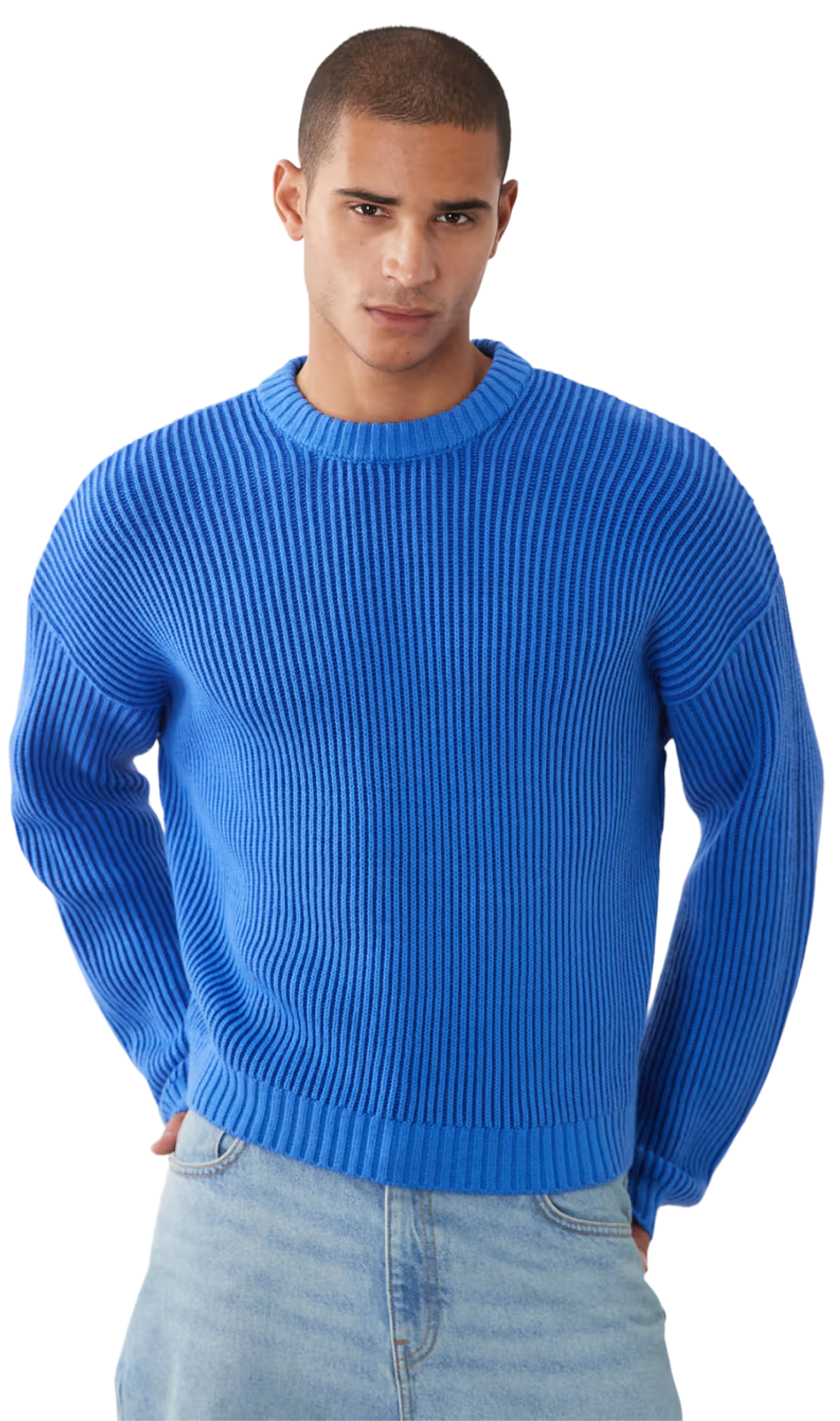 Man wearing a cobalt blue rib-knit sweater